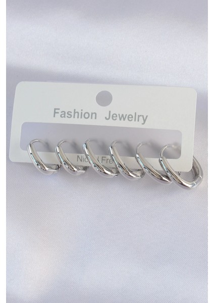 Pirinç Gümüş Renk Oval Küpe Seti