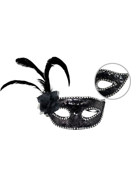 Siyah Renk Yandan Tüylü Güllü Gümüş Taşlı Pullu Maske 20X22 cm (5047)