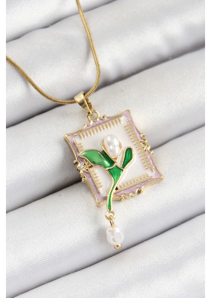 316L Çelik Zincir Beyaz Sanatsal Portre Sallantılı Inci Detaylı Lale Model Gold Renk Kadın Kolye