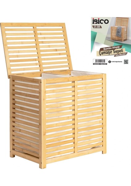 Laundry Basket 2 Bölmeli Ahşap Bambu Kirli Çamaşır Sepet Kumaş Çantalı SEPET=50X38X55CM (5047)