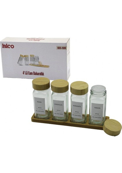 4pcs Bambu Kapaklı Cam Tuzluk - Biberlik - Baharatlık 120ML (5047)