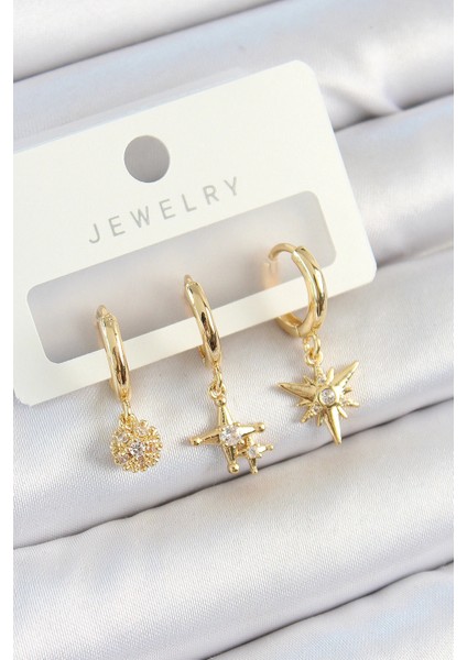 Pirinç Zirkon Taşlı Yıldız Model Gold Renk 3'lü Çift Kadın Küpe Set