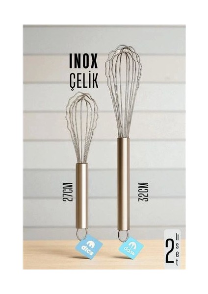 Inox Çelik Çırpıcı + Uzun Kısa 2 Li Çırpıcı Seti