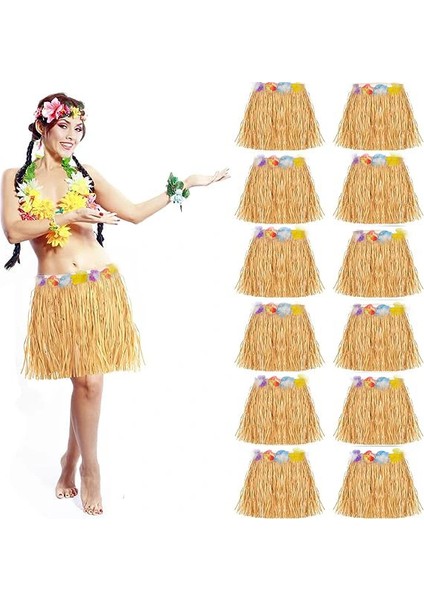 Yetişkin ve Çocuk Uyumlu Saman Renk Hawaii Luau Hula Etek 40 cm 12 Adet (5047)