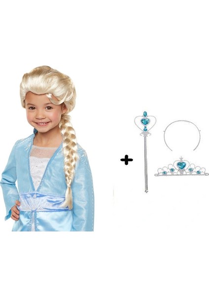 Örgülü Karlar Ülkesi Frozen Elsa Peruğu Tacı ve Sopası Çocuk Boy (5047)