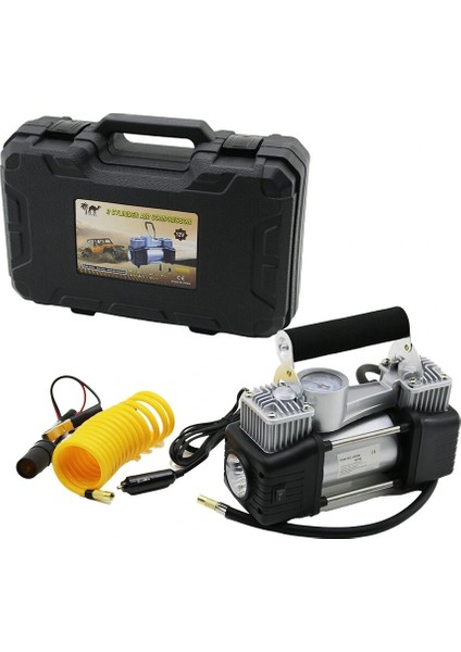 Çift Silindir Oto - Araç Hava Kompresörü DC/12V - 23AMP - 150PSI Fenerli Bar Göstergeli (5047)