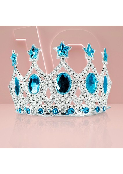 Çocuk Kraliçe Tacı - Mavi Yıldız Işlemeli Prenses Tacı 15X7 cm (5047)