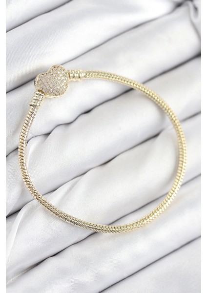 Pirinç Charm Zirkon Taşlı Kalp Model Gold Renk Kadın Bileklik