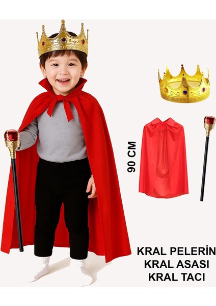Çocuk Kral Kostüm Seti – Kırmızı Pelerin, Taç ve Asa (90 Cm) (5047)