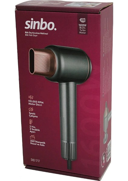 Bldc Turbo Motor Tokmak Model Saç Kurutma Makinesi 1600W 2-Kdm.hız 3-Kdm.sıcaklık Yapışkanlı Askı SHD-1717 (5047)