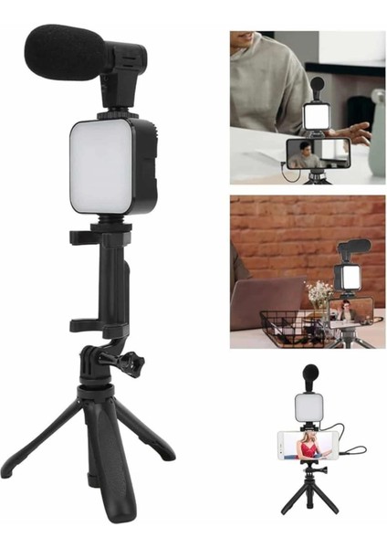 Tripod Telefon Tutucu Kumandalı Mikrofon LED Işık Vlog Video Kayıt indirimleri