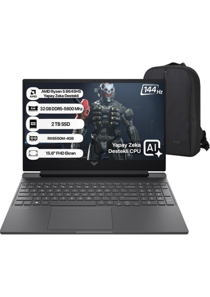 Victus Amd Ryzen-5 8645HS 32GB Ram 2tb SSD RX6550M Freedos 15.6" Fhd 144Hz IPS Taşınabilir Bilgisayar & Cimete Çanta Hediye