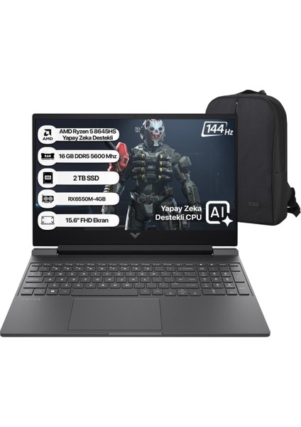 Victus Amd Ryzen-5 8645HS 16GB Ram 2tb SSD RX6550M Freedos 15.6" Fhd 144Hz IPS Taşınabilir Bilgisayar & Cimete Çanta Hediye