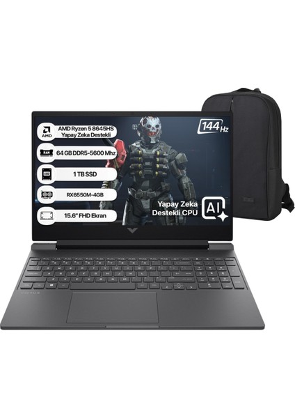 Victus Amd Ryzen-5 8645HS 64GB Ram 1tb SSD RX6550M Freedos 15.6" Fhd 144Hz IPS Taşınabilir Bilgisayar & Cimete Çanta Hediye