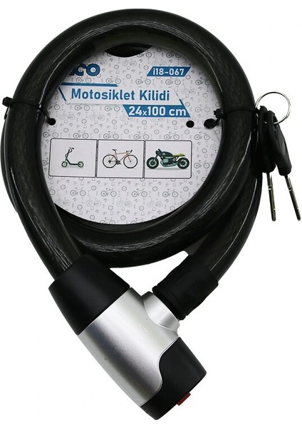 Anahtarlı Metal Kaplama Kafa Çek-It Kilit Kapak Motor - Bisiklet Kilit Çelik Tel Siyah Şeffaf Kılıf 24MMX100CM (5047)