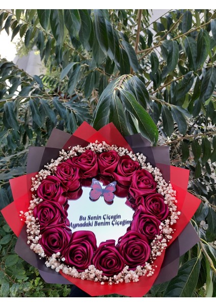 Aynalı Ledli Yazılı Solmayan Gül Buketi BORDO GÜL DIŞI KIRMIZI SİYAH KAPLI Istenilen Renk Yapılır