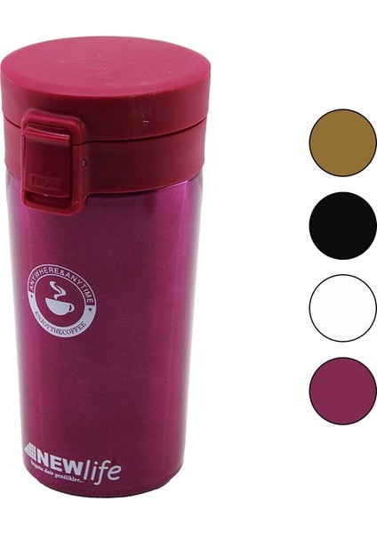 Çelik=18-8 Metal Termos Kupa Bardak 300ML Filtreli Kulpsuz Bas-Aç Kilitli Kapak (5047)