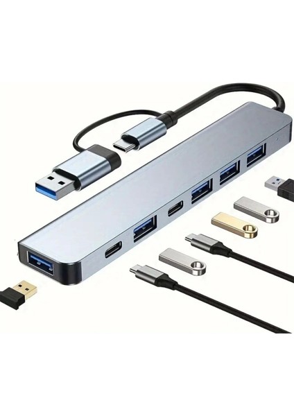 8 In 1 USB Çevirici Notebook Macbook Type-C Uyumlu Görüntü Aktarıcı Hub (5047)