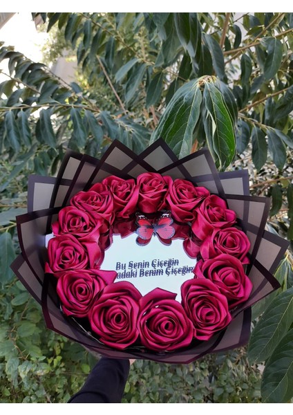 Aynalı Ledli Yazılı Solmayan Gül Buketi Bordo Dışı Siyah - Istenilen Renk Yapılır