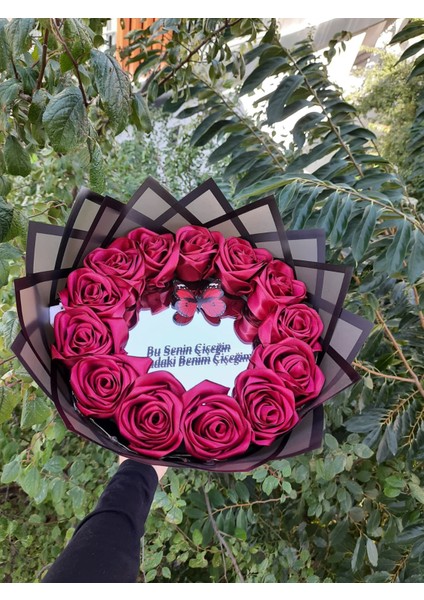 Aynalı Ledli Yazılı Solmayan Gül Buketi Bordo Dışı Siyah - Istenilen Renk Yapılır