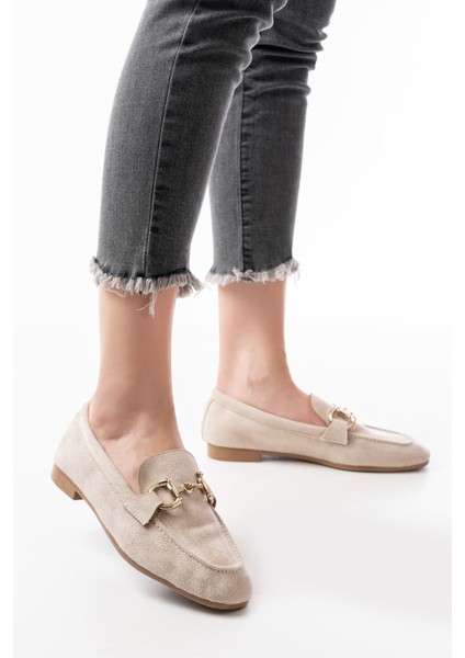 303 Bej Süet Toka Aksesuarlı Günlük Kadın Babet modelleri