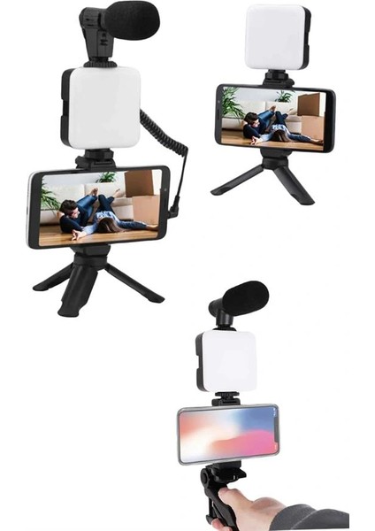 Akıllı Telefon Vlog Kiti Tripod Mini Mikrofonlu Telefon Tutucu fırsatları
