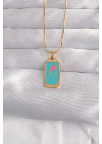316L Çelik Gold Renk Mavi Mineli Tarot Kolye