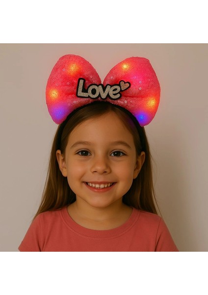 LED Işıklı Love Yazılı Fuşya Fiyonk Taç – Kız Çocuk Parti Tacı (5047)