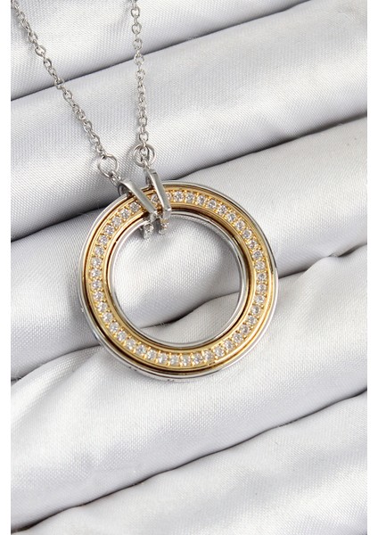 316L Çelik Zirkon Taşlı Dönen Daire Model Gold ve Gümüş Renk Kadın Kolye