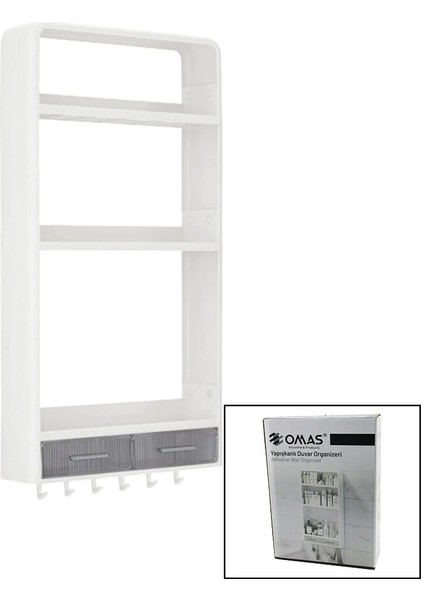 Beyaz Yapışkanlı Duvar Organizeri Plastik 3 RAF=14CM-19CM-30CM - 2 ÇEKMECE=40CM - 6 Askı 19 Parça (5047)