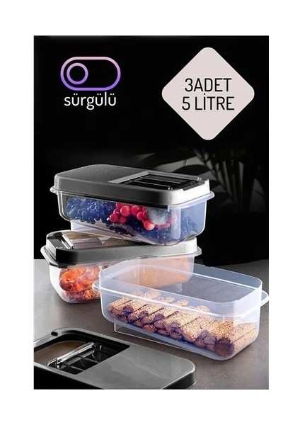 Erzak Bakliyat Saklama Kabı 3 Lü Set 5 Lt Antrasit