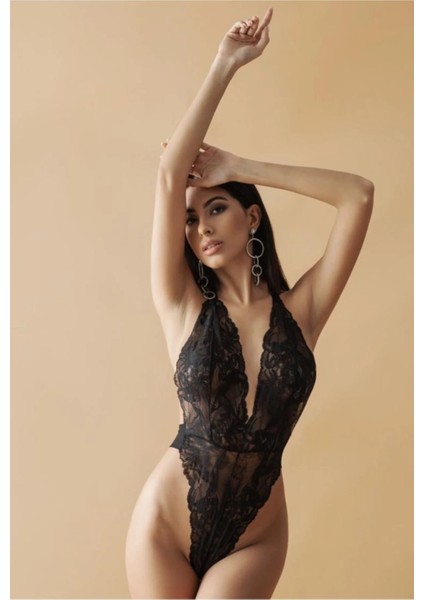 Siyah Dantelli Fantezi Bodysuit - 857