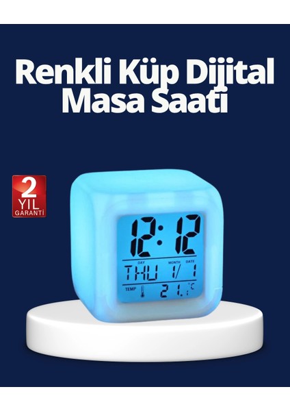 Renk Değiştiren LED Alarmlı Dijital Küp Masa Saati