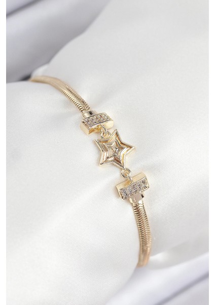 Pirinç Zirkon Taşlı Yıldız Model Gold Renk Kadın Bileklik