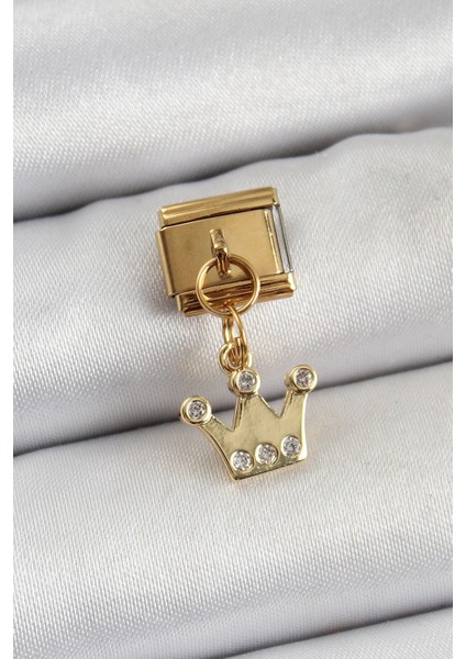 316L Çelik Sallantılı Zirkon Taşlı Kraliçe Tacı Model Gold Renk Nomination Charm