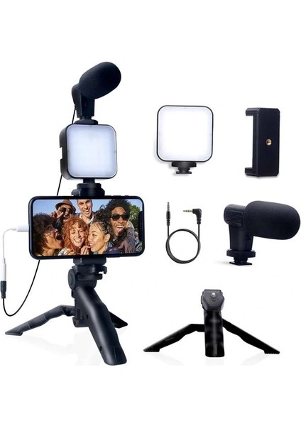 Akıllı Telefon Vlog Kiti Tripod Mini Mikrofonlu Telefon Tutucu indirimleri