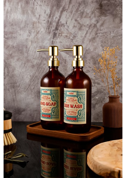 500ML Ahşap Stantlı Amber Renkli Red Serisi Gold Başlıklı El Sabunu ve Bulaşık Detarjanı Şişesi fırsatları