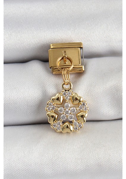 316L Çelik Sallantılı Zirkon Taşlı Kalp Detaylı Yıldz Model Gold Renk Nomination Charm