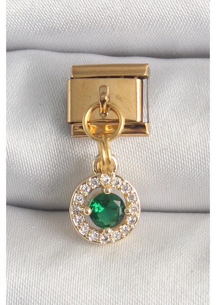 316L Çelik Gold Renk Sallantı Yeşil Zirkon Taşlı Nomination Charm