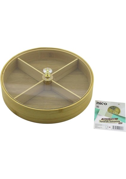 Yuvarlak 4 Bölmeli=2ın1=bölmesiz Çok Amaçlı Kutu Ahşap Bambu Servis Sunum Tepsi - Tahtası 22CM (5047)