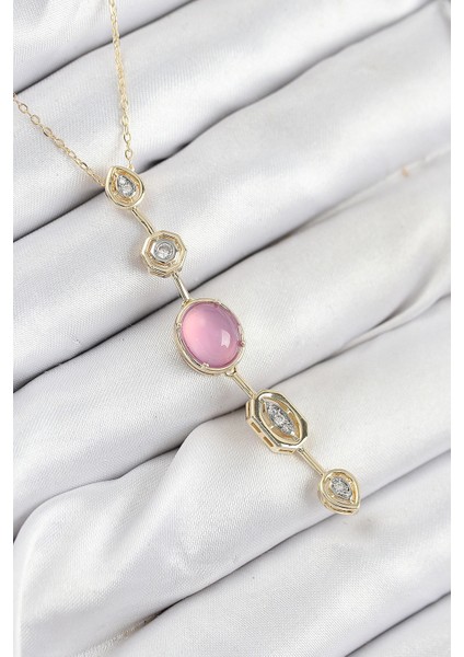 Pirinç Zincir Pembe Gold Renk Zirkon Taşlı Y Kolye