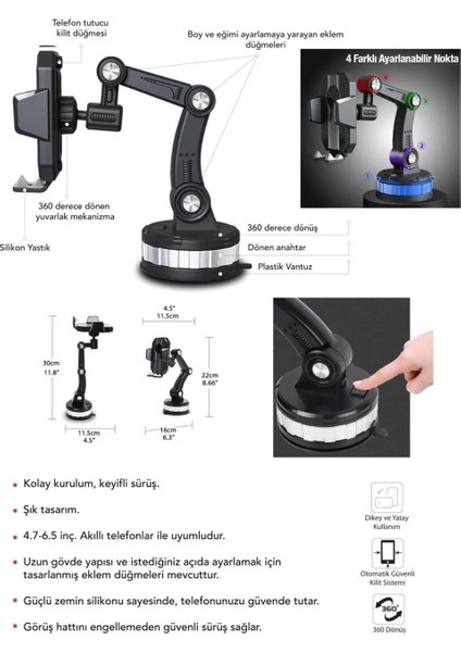 360 Derece Dönebilen Ayarlanabilir Araç Içi Vantuzlu Telefon Tutucu (5047) indirimleri
