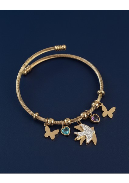 Paslanmaz Çelik Gold Renk Zirkon Taşlı Minimal Kalp Detay Kelebek Charm Bileklik BLK85540