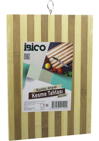 24 x 34 x 1.4cm Beyaz Çizgili Ahşap Bambu Kesim Panosu - Kesme Tahtası Metal Kulplu (5047)