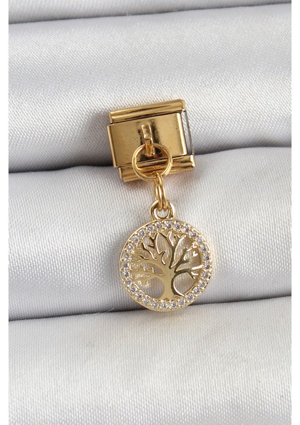 316L Çelik Sallantılı Zirkon Taşlı Hayat Ağacı Model Gold Renk Nomination Charm