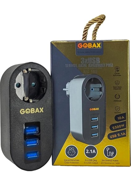 Gobax Termal Akım Korumalı Akıllı Priz 3xusb Li, Çocuk Korumalı, LED Işıklı, Yüksek Isıya Dayanıklı (5047)