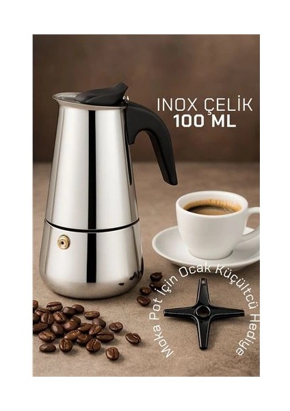 Inox Moka Pot - Paslanmaz Çelik Profesyonel Moka Pot - 100 ml