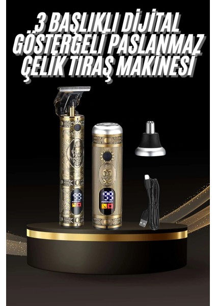 Tıraş Makinesi Pro 3 Başlıklı Dijital Göstergeli Saç Sakal Kulak ve Burun