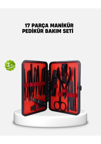 17 Parça Profesyonel Manikür Pedikür Seti Paslanmaz Çelik Siyah Kutu