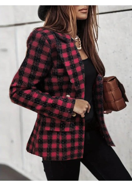 Eyesof Kadın Uzun Kollu Yakalı Kare Desenli Ekoseli Düğmeli Ceket modelleri